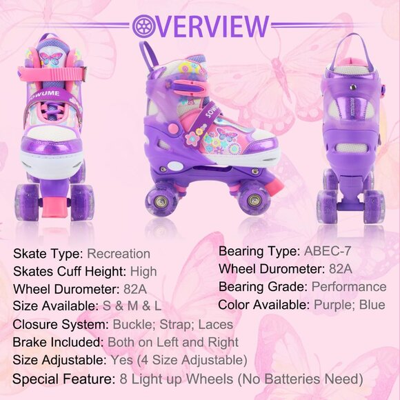 Sowume Kids Purple Adjustable 8 Wheels Shine Safe And Fun Illuminating Skates - Picture 5 of 7